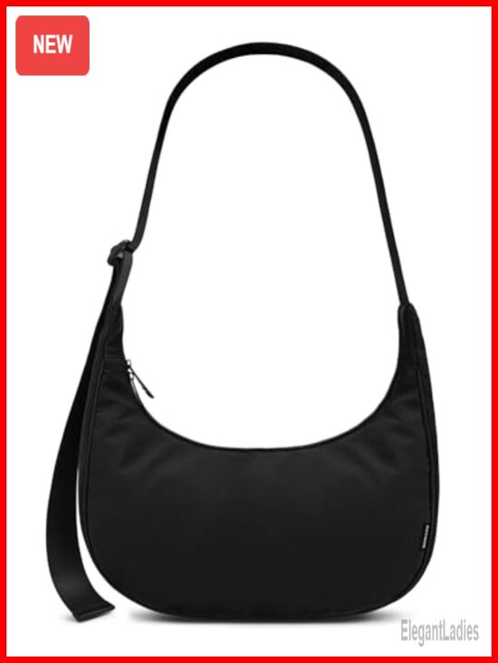 Handbags - Medium Nylon Crossbody Crescent Hobo Bag with Adjustable Strap & Inner Pockets